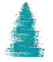 Christmas Tree, Grunge  Drawing Art. Beautiful Doodle Spruce (fir Tree) With Color Paint Blots (garland). Vector Illustration.