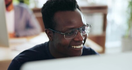 Wall Mural - Research, smile and black man on a computer in the office reading information on the internet. Happy, technology and professional African male lawyer doing research for a legal case in the workplace.