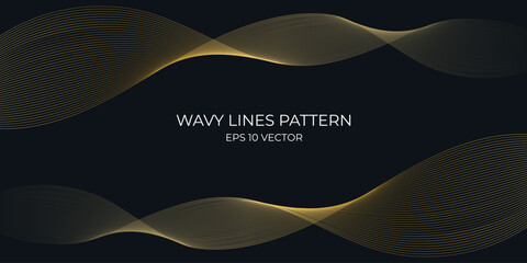 Vector wavy lines pattern smooth curve flowing gold gradient light isolated on navy background. Concept for technology, digital, communication, science, music.