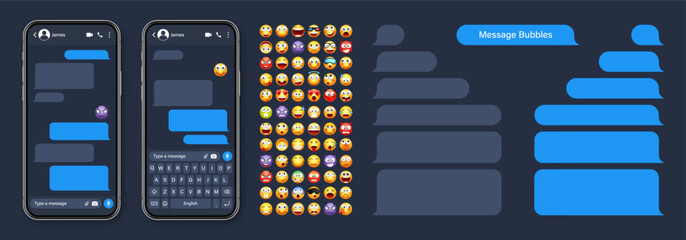 Smartphone messaging app, user interface with emoji. SMS text frame. Chat screen, blue message bubbles. Texting app for communication. Social media application. Dark mode. Vector illustration