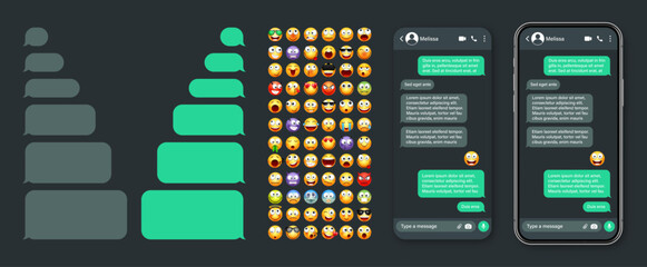 Wall Mural - Smartphone messaging app, user interface with emoji. SMS text frame. Chat screen, green message bubbles. Texting app for communication. Social media application. Dark mode. Vector illustration