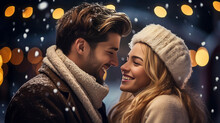 Stockphoto, Attractive Young Couple Having A Cheerful Time With On A While Visiting A Christmas Market, Winter Wonderland. Christmas Holidays.