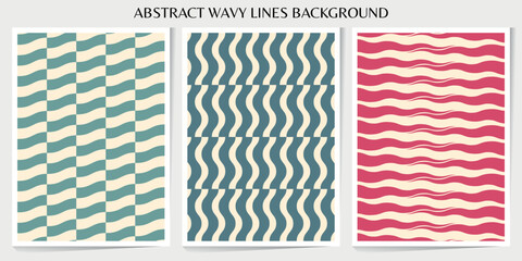 Set of abstract wavy lines seamless pattern. Sunburst, swirl, grunge, waves retro groovy color for vintage vibes poster. Flat vector background isolated.