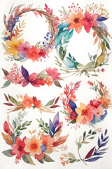 Wall Mural - Floral Wreaths  watercolor flowers and leaves AI Image Generation.