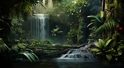 waterfall in forest, waterfall in the jungle, tropical landscape in the jungle, plants and green trees in the jungle, waterfall with lake in the forest