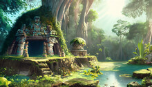Forest Mayan Style Ancient Culture. Mayan Civilization Forest Cave. Concept Art Illustration Painting Of A Beautiful Ancient Temple In The Jungle.