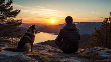 Canvas Print - Man and Dog Watching Sunrise