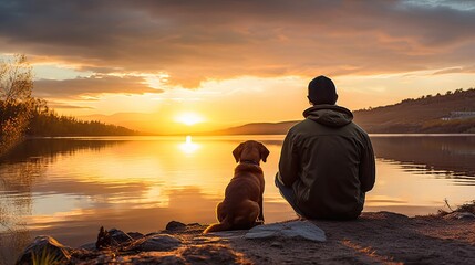 Canvas Print - Man and Dog Watching Sunrise