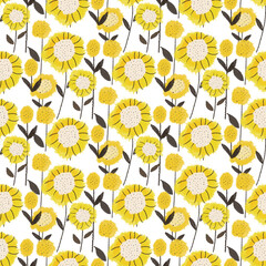 Wall Mural - Seamless pattern with hand drawn sunflower on grid cells background illustration. Cute floral print.