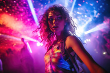 Energetic Young Woman Grooving at a Neon Rave