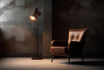 Poster - Leather armchair lamp. Room vintage. Generate Ai