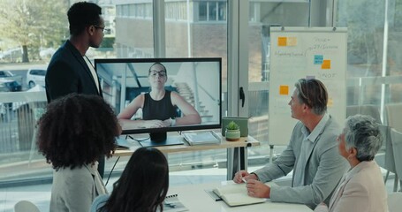 Aufkleber - Video call, meeting and business people on screen for presentation, discussion and planning with chart. Corporate, collaboration and men and women for webinar, conference and communication in office