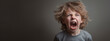 Angry and frustrated kid expresses emotions by screaming on a grey background. Banner cover design. Generative AI