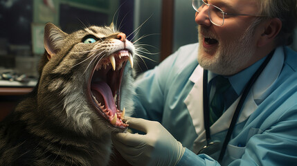 Wall Mural - A veterinarian wearing gloves examines a cat s teeth on a table in a clinic. Concept of care and care for pets.