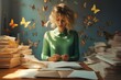 A young woman writer surrounded by papers and butterflies that represent her fluttering imagination.