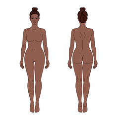 Woman body front and back view vector illustration. African American, Black girl. Isolated outline line contour color template girl without clothes.