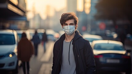 A young man wears an N95 mask to protect against PM 2.5 dust and air pollution. Behind there are cars passing by and there is a thin stream.