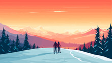 Simple Vector Illustration, Copy Space, Simple Colors, 2 Persons Cross-country Skiing. Illustration For Publicity On A Ski Resort. Copy Space Available. Winter Sports Theme.