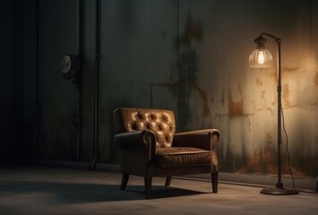 Poster - Leather armchair lamp desk. Fashion decor. Generate Ai