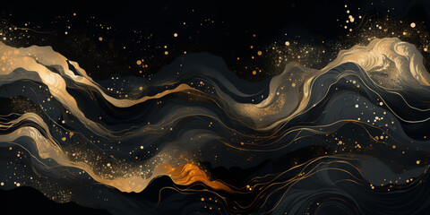 Poster - abstract background black and gold water color style, captivating blend of gold and black oil textur