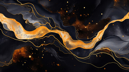 Poster - abstract background black and gold water color style, captivating blend of gold and black oil textur