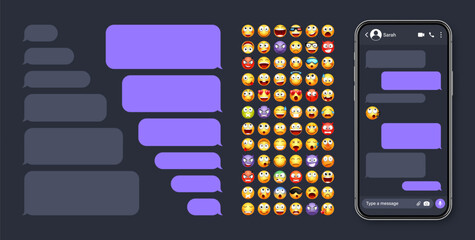 Smartphone messaging app, user interface with emoji. SMS text frame. Chat screen, violet message bubbles. Texting app for communication. Social media application. Dark mode. Vector illustration