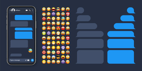Smartphone messaging app, user interface with emoji. SMS text frame. Chat screen, blue message bubbles. Texting app for communication. Social media application. Dark mode. Vector illustration