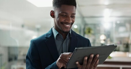 Tablet, networking and businessman in the office typing a message on the internet or research. Digital technology, chatting and African male lawyer scroll on social media or website in workplace.