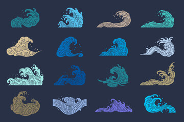 orient sea wave pattern silhouette set