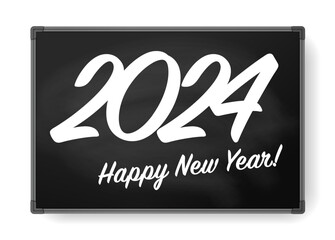 Poster - Chalkboard with elegant lettering 2024 Happy New Year. White chalk on a black background for greeting cards, calendars, banners, and more. Vector illustration
