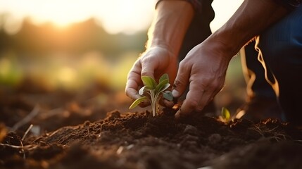 Male hands touching soil on the field. Expert hand of farmer checking soil health before growth a seed of vegetable or plant seedling. Business or ecology concept.