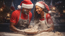 Couple In Santa Hats Holding Christmas Cookies