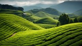 a serene, emerald-green tea plantation on rolling hills, with tea bushes neatly arranged in rows