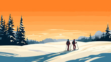 Simple Vector Illustration, Copy Space, Simple Colors, 2 Persons Cross-country Skiing. Illustration For Publicity On A Ski Resort. Copy Space Available. Winter Sports Theme.