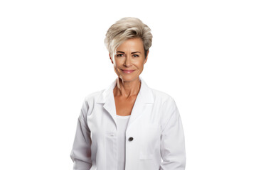 Wall Mural - smiling adult doctor woman in medical uniform isolated on png transparent background for healthcare purposes