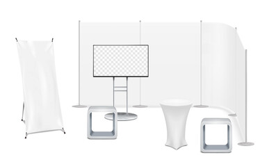 Wall Mural - Exhibition mock-up set. Pop-up streamline backdrop, video digital LCD display, round cocktail table, X-banner stand, cube plinth pedestals vector mockup. Blank white template for brand design