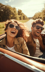 Wall Mural - Young couple driving a cabriolet car together on a romantic trip and laughing