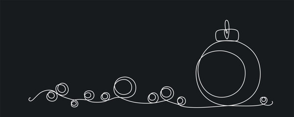 Wall Mural - Christmas ball continues one single line hand drawing sketch. Vector stock illustration isolated on black background for design template winter holiday banner, card, invitation. Editable stroke. 