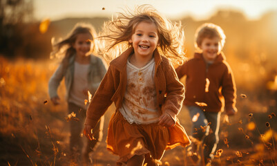 Wall Mural - Group of happy little kids running in autumn park.