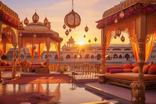Indian Style Terrace, Wedding Decoration At Sunset, Warm Backgrounds