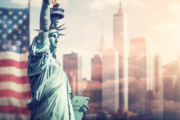 USA flag with statue of liberty with city buildings background.