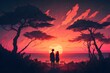 a beautiful sunset with orange and pink hues that is illuminated by the light of two lovers embracing in the distance The sky is filled with a sense of hope and optimism as if being lifted out of 