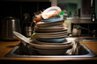 Mountains Of Dirty Dishes Plates And Glasses In The Kitchen Created Using Artificial Intelligence