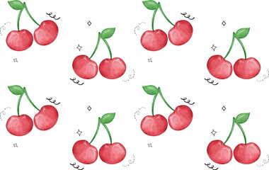 Sticker - Cherry Pattern Seamless Watercolor Illustration isolated on whtie background