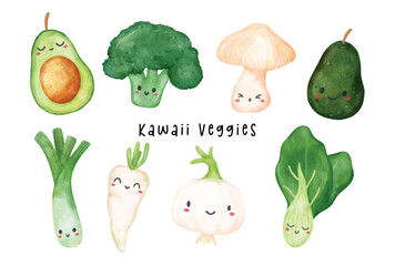 Wall Mural - Cute Watercolor Kawaii Vegetable Character Collection