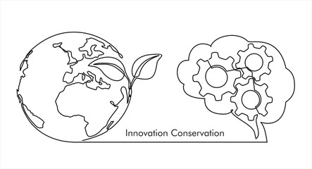Earth globe with plant, thoughts  in a brain with gears in one continuous line drawing. Concept of Eco innovation, idea of green energy and global solution with electricity in simple doodle