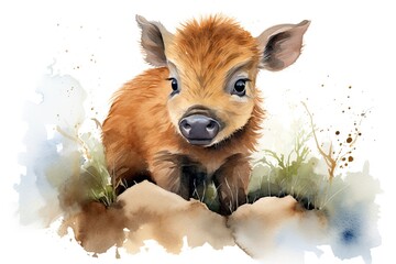 Wall Mural - A cute baby pig enjoying the sunny day in the grass created with Generative AI technology