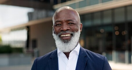 Poster - Happy, city and face of business black man by building for career, job and work opportunity. Professional, corporate employee and portrait of worker in urban town for management, mindset and pride
