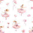 Seamless pattern with cute little girls ballerinas and flowers isolated on white background.