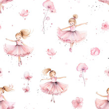 Seamless Pattern With Cute Little Girls Ballerinas And Flowers Isolated On White Background.